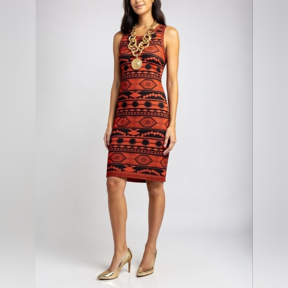 Sleeveless Aztec-Print Orange Midi Dress